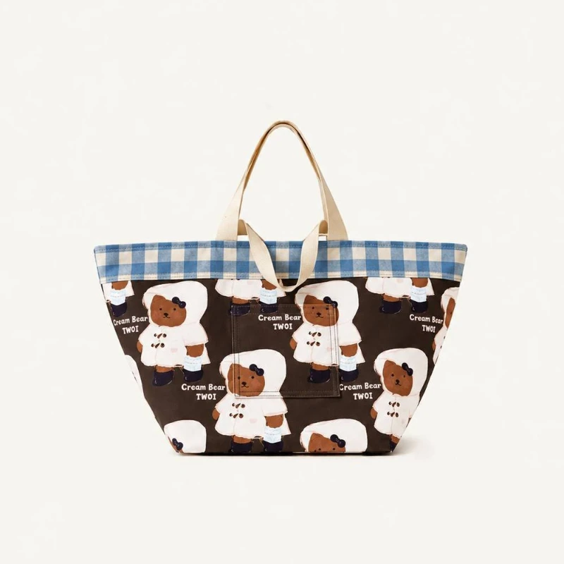 Large Capacity Reversible Tote Bag Women Kawaii Cute Bear Plaid Edge Canvas Shoulder Bag Japanese Style Casual Shopper Handbag