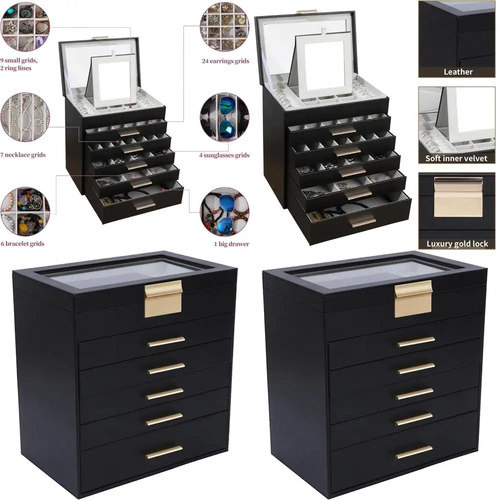

Large 6-Tier Black Jewelry Box with Glass Lid for Women - Ideal Storage for Necklaces, Bracelets, Earrings, and Rings