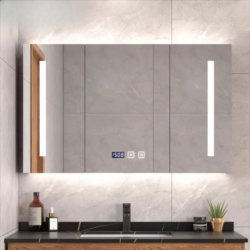 

Индивидуальное настенное зеркало для туалета, мытья рук, ванной комнаты со стойкой для хранения, умный зеркальный шкаф, 3-цветное время освещения