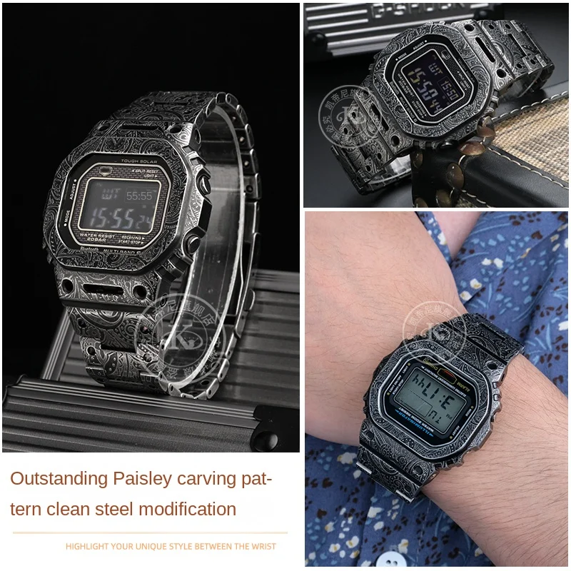 316L Metal Watch Strap men Stainless Steel modified Carved Watchband Case for Casio DW5000 DW-5600 GMW-B5600 GW-5000 Belt Bezel