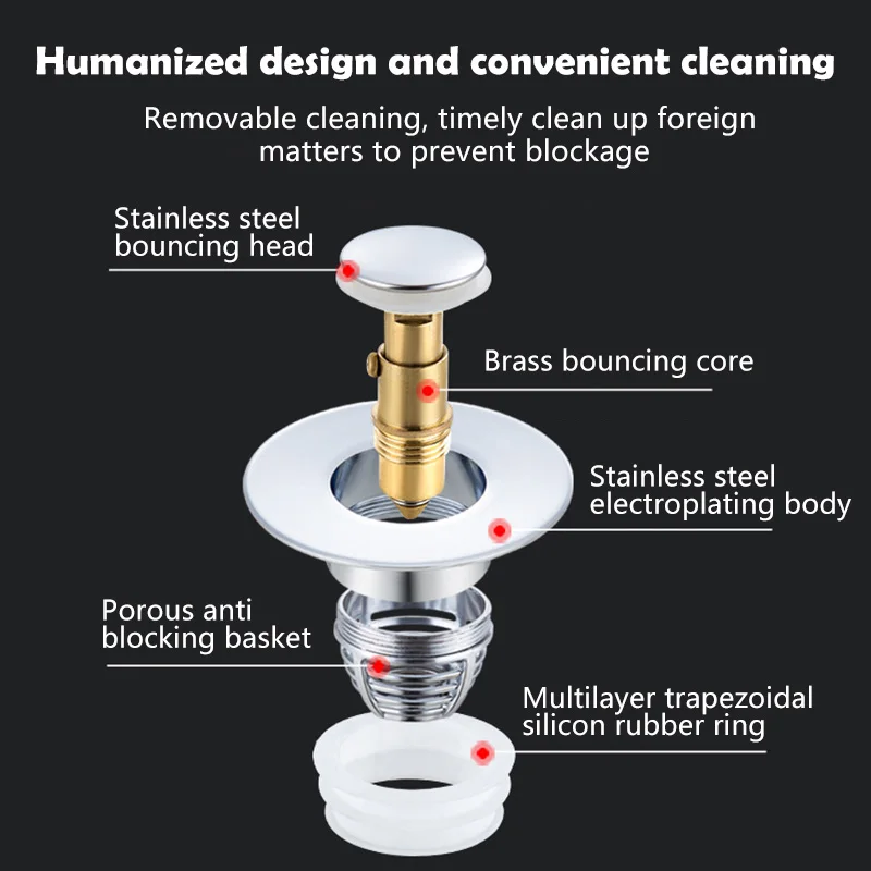 Universal Stainless Steel Basin Pop-Up Bounce Core Basin Drain, Sink Filter, Bathtub Plug, Bathroom Tool