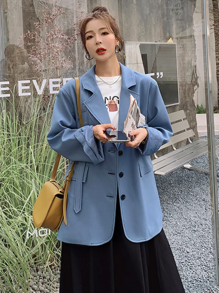 LANMREM Women Solid Color Blazer Coats Belt Decoration Notched Long Sleeve Loose 2024 Spring Female New Clothing 2I172