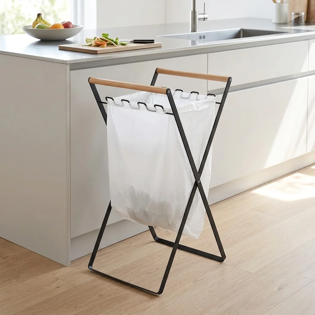 

Складная подставка для мусорных пакетов с деревянной ручкой и железной проволочной конструкцией для кухни, улицы, дома, кемпинга, барбекю