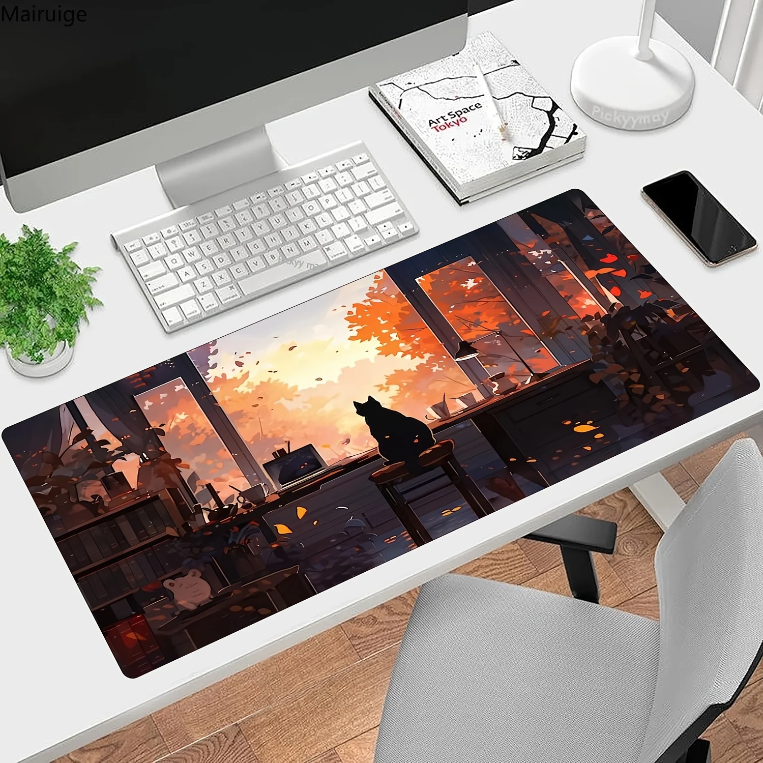 Tappetino per mouse con silhouette di gatto dei cartoni animati Tappetino per mouse per computer di grandi dimensioni Tappetino per mouse per tastiera da gioco HD antiscivolo in gomma XXL Tappetino per scrivania lungo