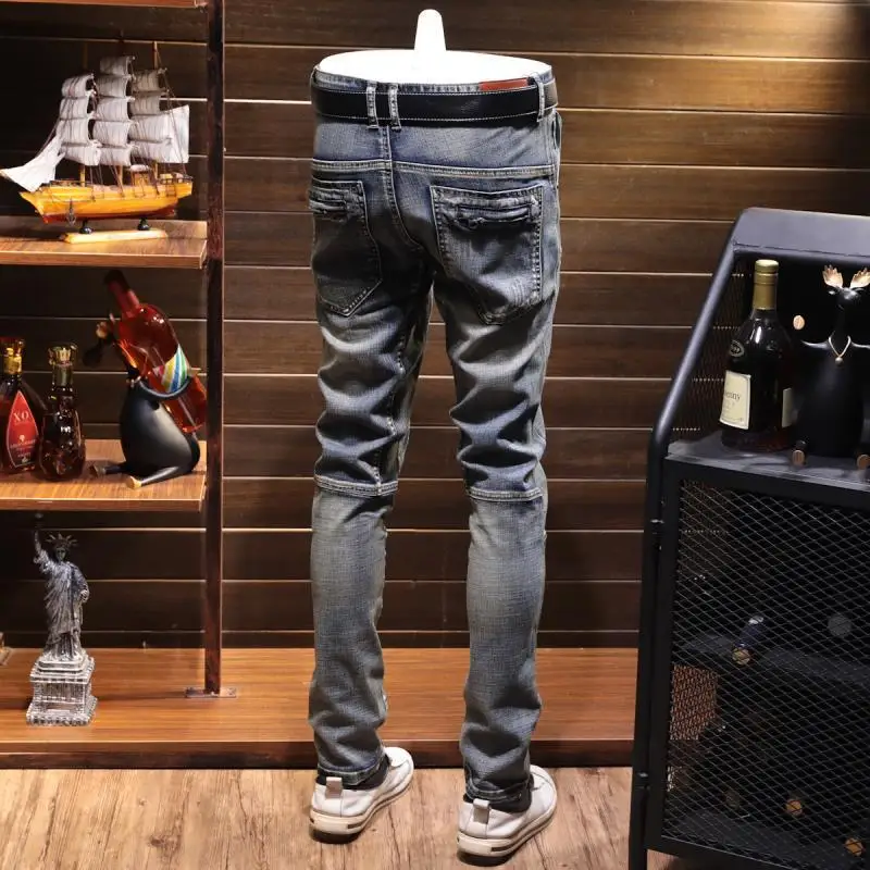 Retro Stitching Stretch Denim Jeans 2022 Autumn Winter Men\'s Motorcycle Slim Casual Designer Long trousers Fashion Cargo Pants