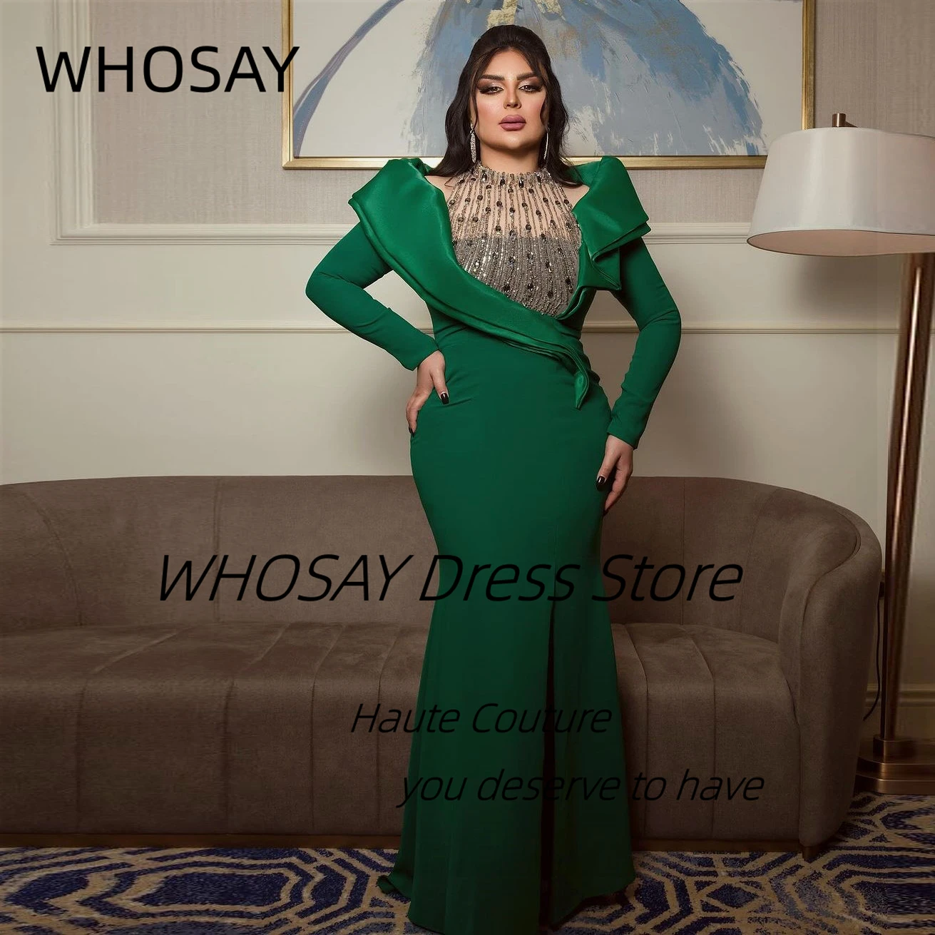 WHOSAY Elegant Evening Dresses for Women Luxury Beading Neckline Prom Dress Long Sleeves Side Slit Mermaid Party Bride Wear