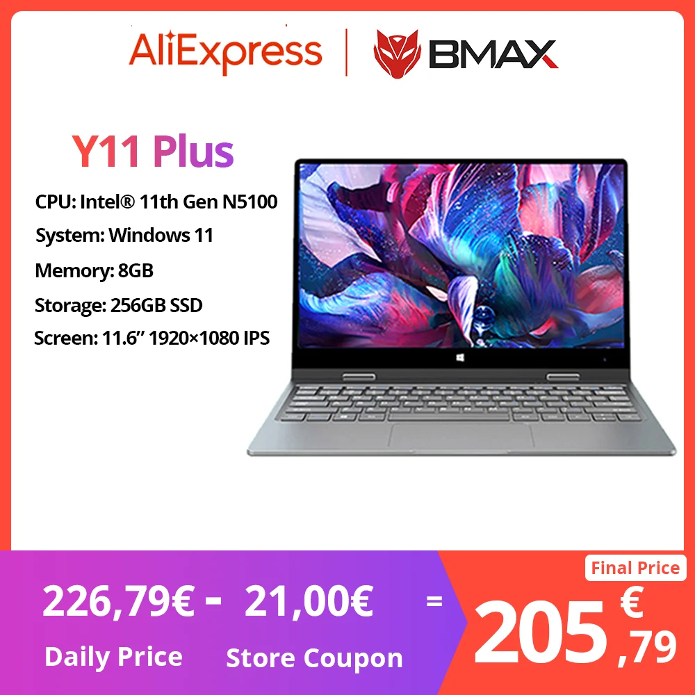 BMAX Y11 Plus Laptop 11,6 cala 8 GB RAM DDR4 256 GB SSD Full Metal Case Notebook Windows 11 360 stopni Ekran dotykowy Intel N5100