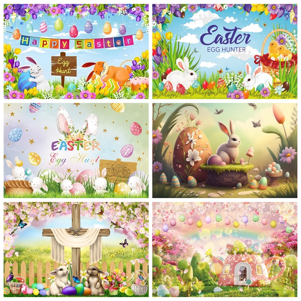 

Happy Easter Backdrop Cartoon Rabbits Colorful Eggs Flower Bunny Spring Easter Baby Portrait Photography Background Photo Studio