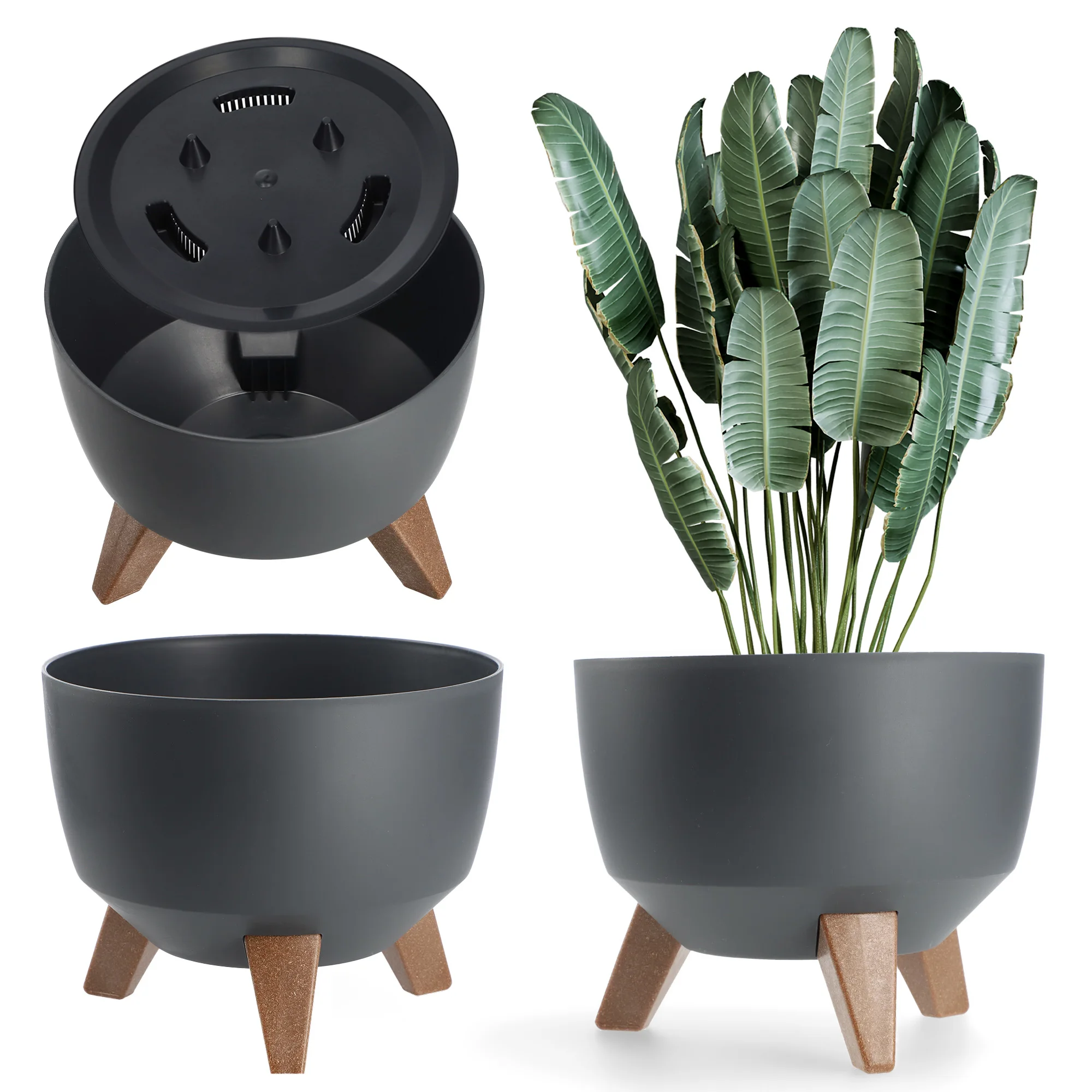 KADAX bloempot voor bloemen 24cm deksel + cartridgevoeten bloembed antraciet