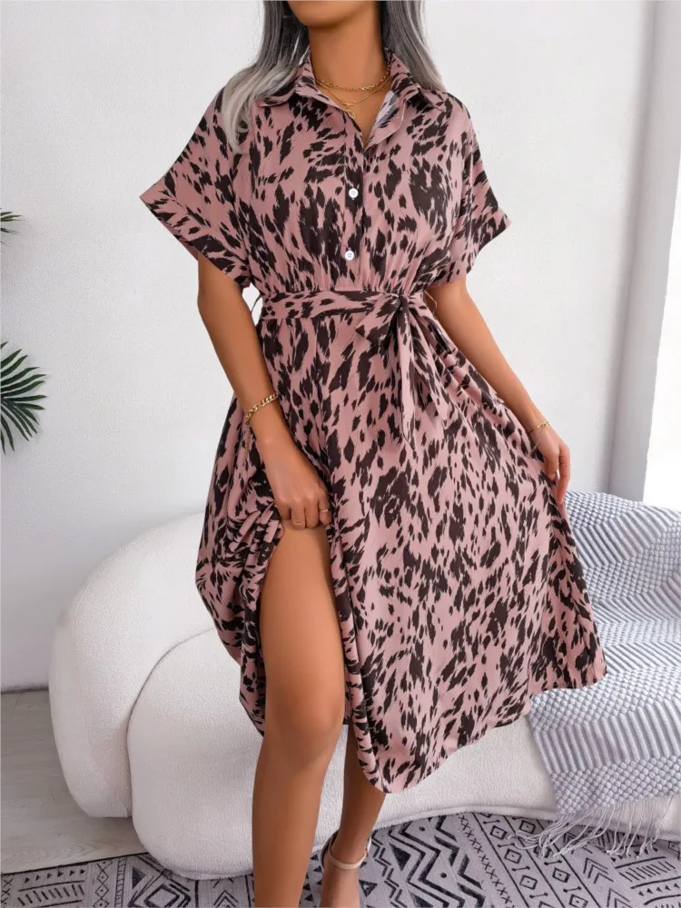 

Comfortable Casual Loose Leopard Lace-up Shirt Dress Women's Elegant Fashion Slim High Waist Lapel Personality Street Dresses
