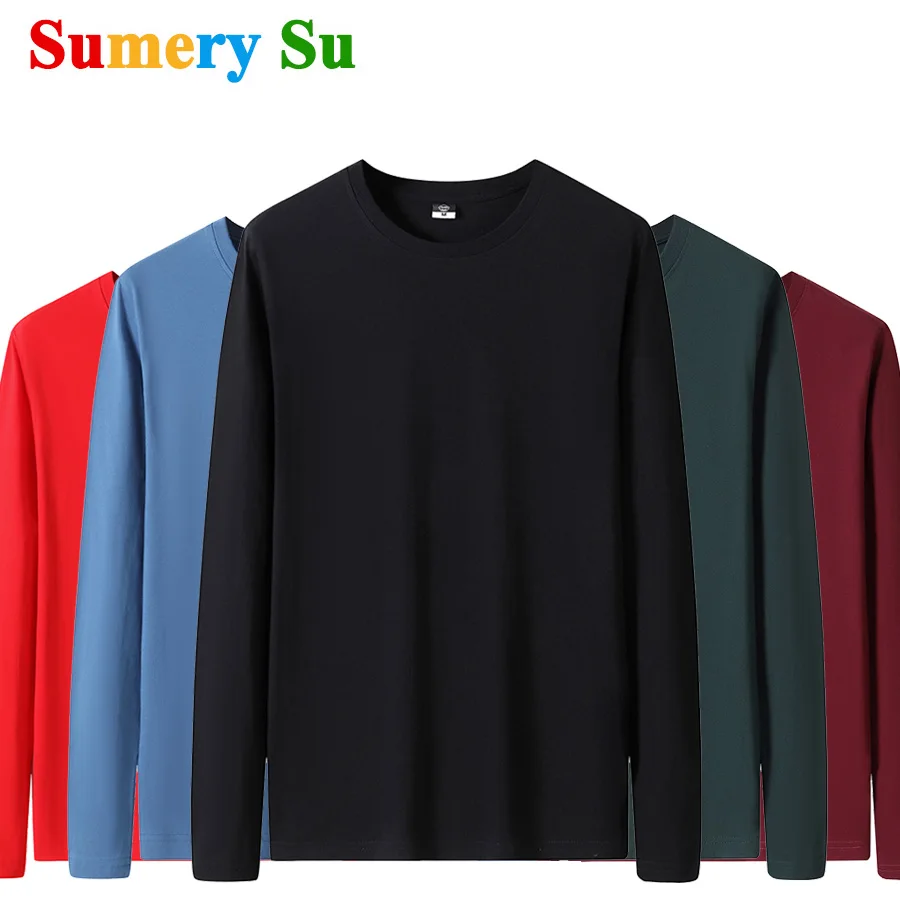 Cotton T Shirts Men Long Fashion 2026 O-Neck Slim Male Casual Autumn Solid Color Tee Shirt 12 Colors Plus Size M-6XL Wholesale