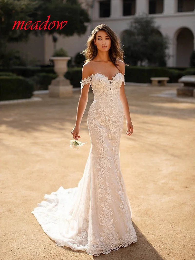 

Customized High Quality Lace Off the Shoulder White Wedding Dress Mermaid Formal Chapel Train Bridal Party Vestido De Festa