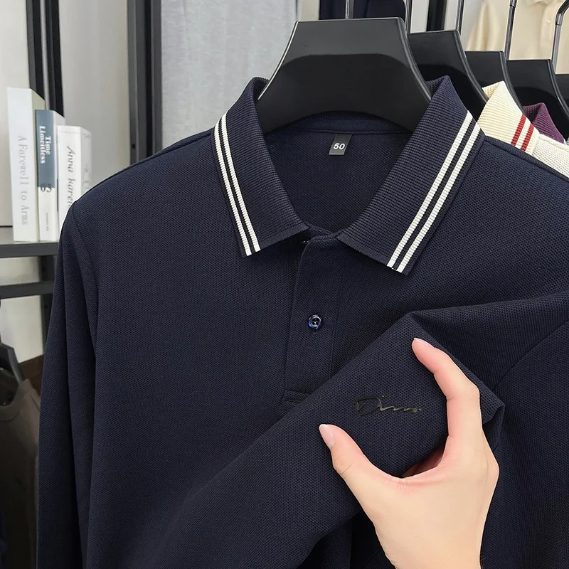 

Мужская рубашка поло оригинального качества из 100 хлопка с полосатым воротником и принтом, дышащая осенняя футболка с длинными рукавами и лацканами, деловая мужская одежда