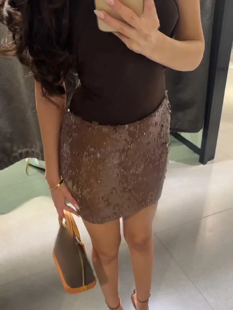 

HH 2025 Woman Summer Solid Side Zipper Mini Skirt Female Sequin Decorate Skirt Shiny Sexy Side Zipper Solid A-line Skirt