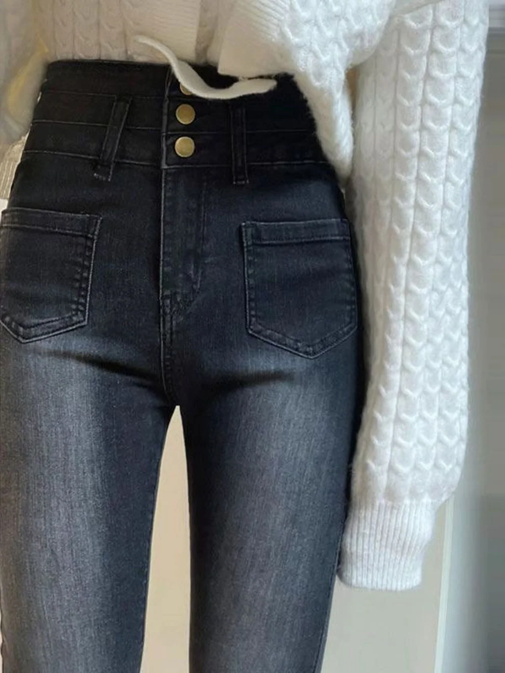 

Black gray micro flared jeans for women in spring and autumn, plus size, fat, mm, high waist, elastic, slim, pear shaped figure,