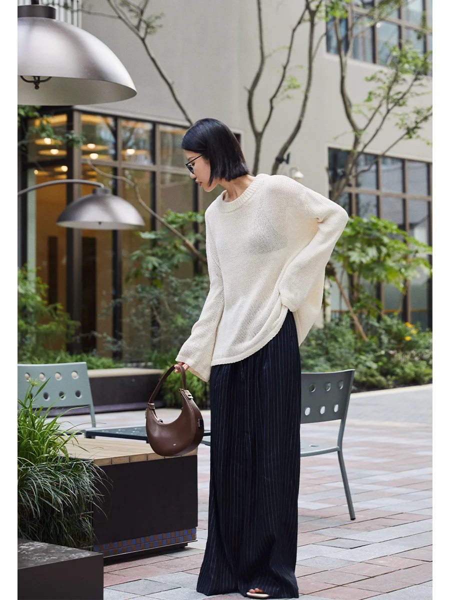 

High-End Encrypted Stripe Linen Casual Pants JXu Loose Wrinkle Straight Long High Waist Regular Thin Commute Sle