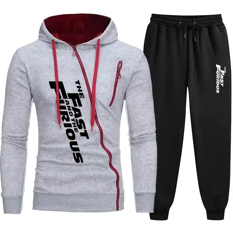 Mens Tracksuit Fashion Print Zipper Hooded Sweatshirt+Sweatpants 2 Piece Set Jogging Sports Casual Suit Versatile Jacket Coat