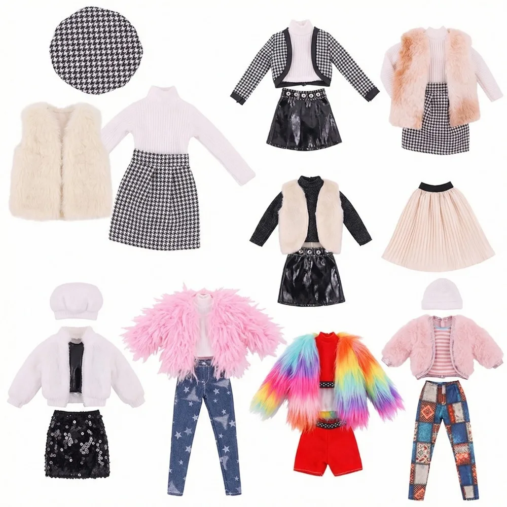 Roupas para Boneca de 30cm, Jaqueta de Pelúcia + Saia de Terno Fashion + Chapéu Beret, Adequadas para Boneca de 11,8 polegadas, Roupas Casuais, Presente de Sapato Grátis