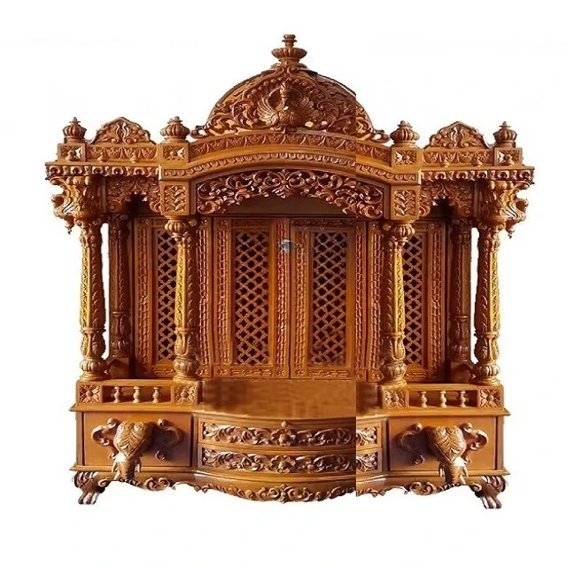 

Teak Heavy Carving India Mandir with Door DST Export Wall Mounted Small Size Temple with Storage Wholesale Canada