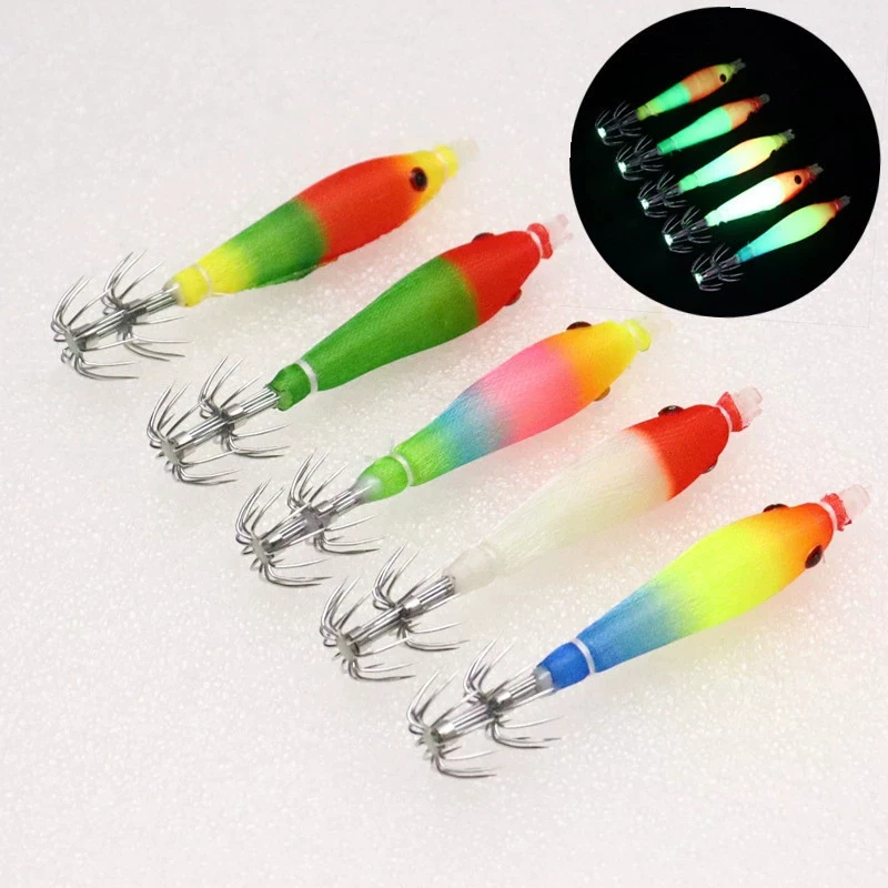 5pcs/bag 68mm UV Blowing Cloth Roll Luminous Tube Fishing Octopus Jig Wood Shrimp Bait Squid Hook pesca Fishing Explosion Hook