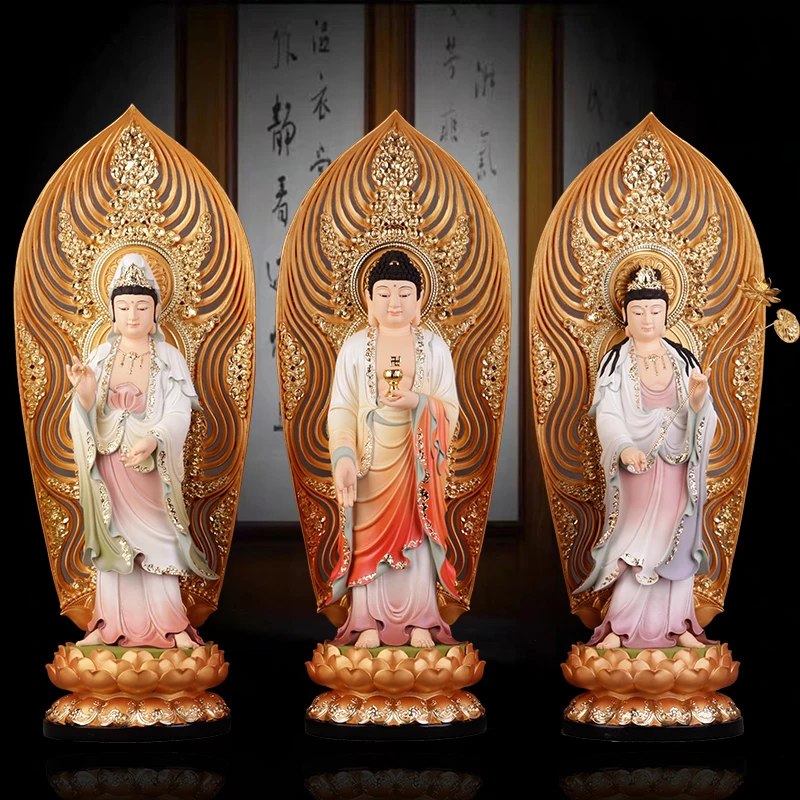 3PCS #50CM large Asia Buddhism home temple Patron saint gilding Color painting XI FANG SAN SHENG Buddha bless Safety luck