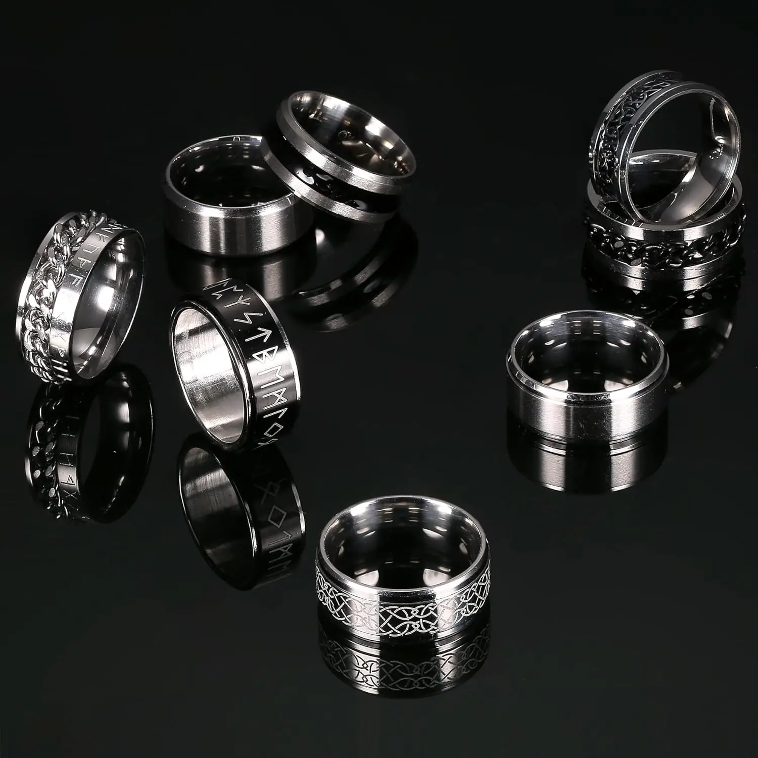 Bobisty 8Pcs Stainless Steel Rings for Men Women Stainless Steel Fidget Anxiety Stress Relieving Ring Set Wedding Rings Size7-13