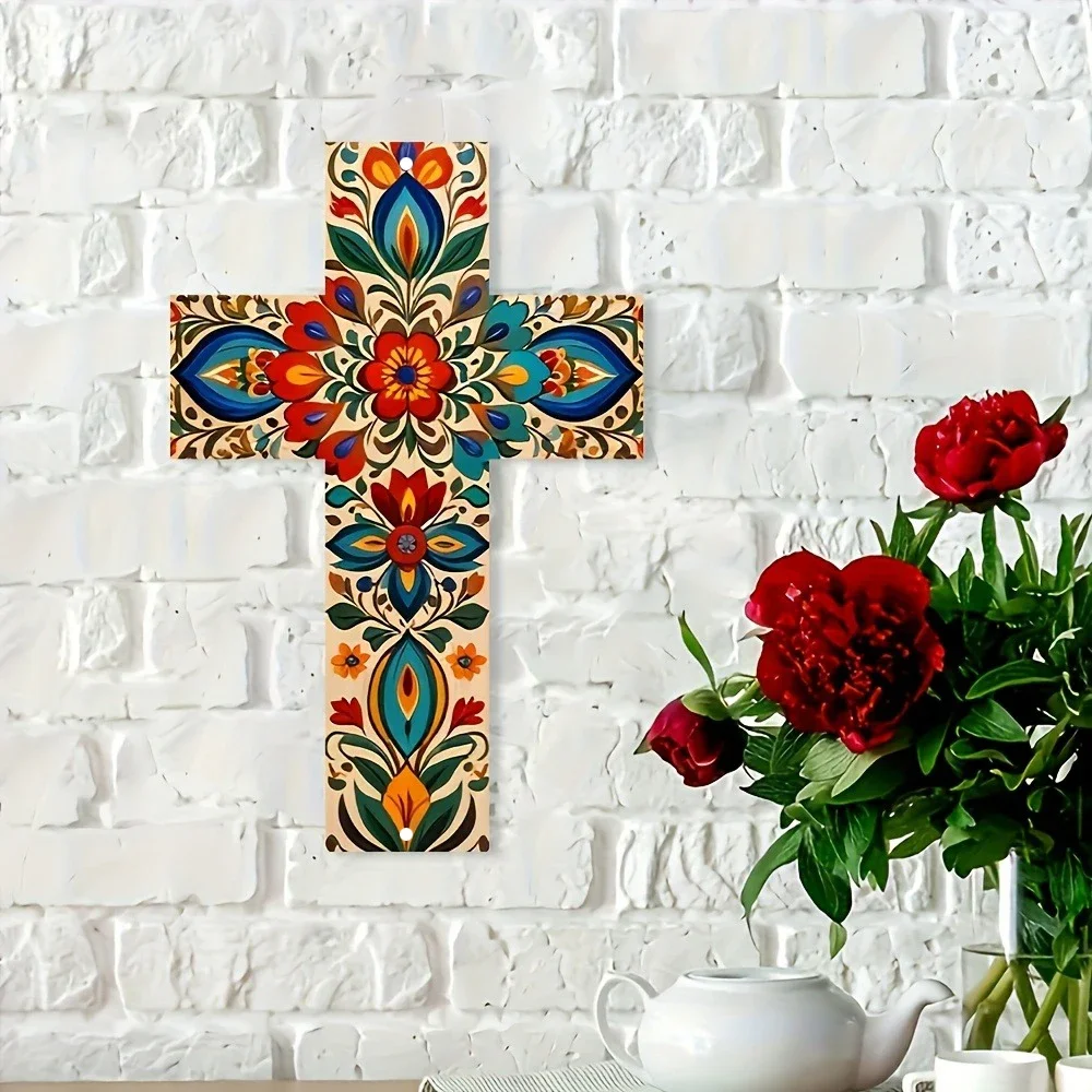 1pc Mexican Pattern Metal Cross Wall Art -Handcrafted Religious Folk Art with Vibrant Floral Design,Suitable for Day of The Dead