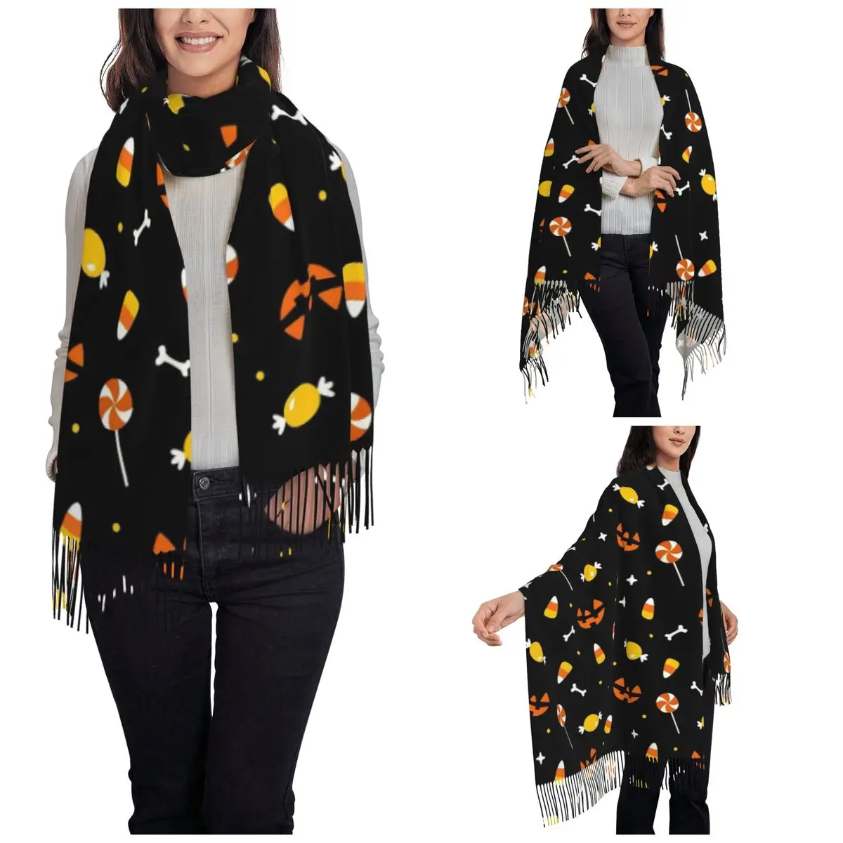Womens Tassel Scarf Horror Pumpkin Halloween Single-sided Pattern Winter Warm Shawl and Wrap Candy Daily Wear Pashmina Scarves