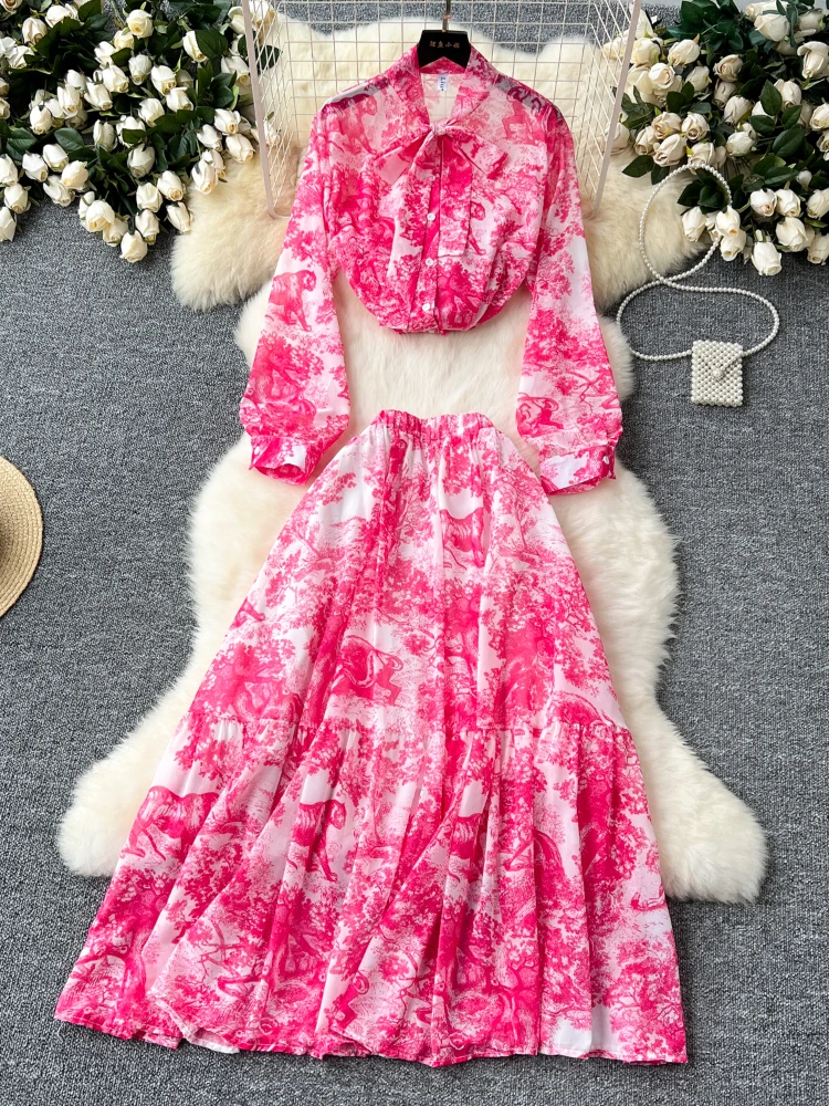 Women Vintage Printing Two Piece Sets Spring Summer Ruffled Long Sleeved Shirt High Waisted A-line Long Skirts Elegant Suits