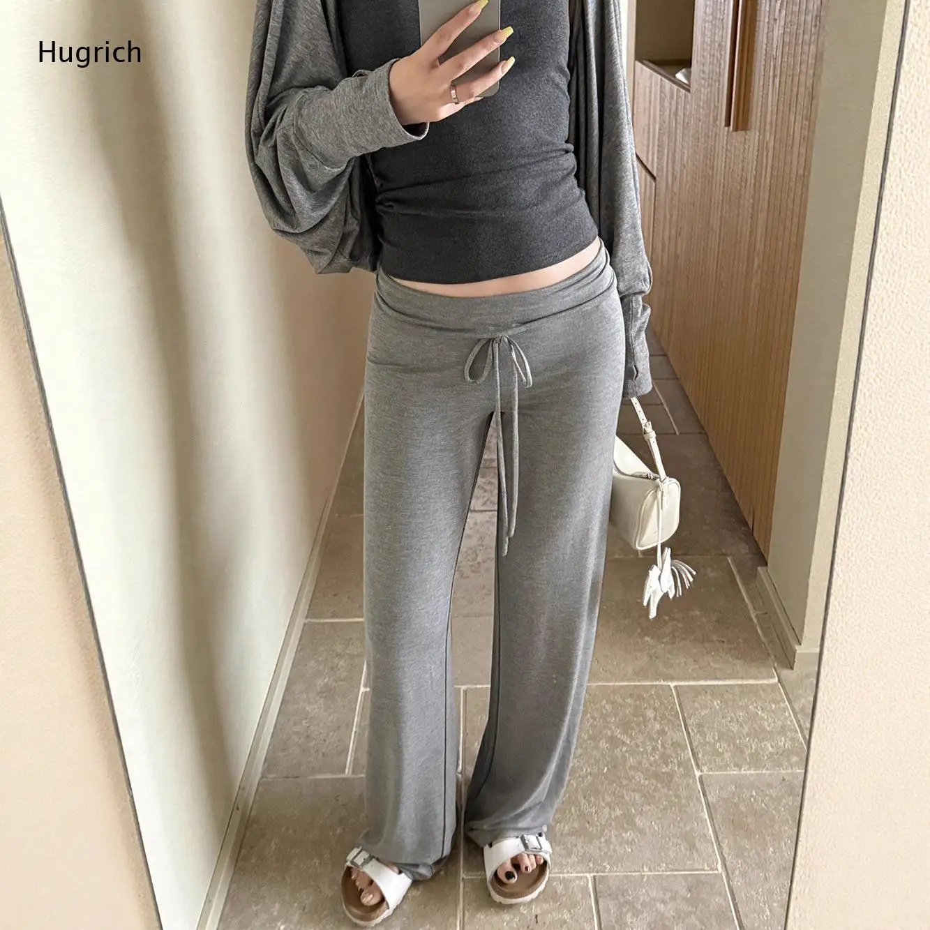 High Rise Fold Over Waist Drawstring Micro Flare Pants Soft Knit Slim Fit Casual Lounge Trousers