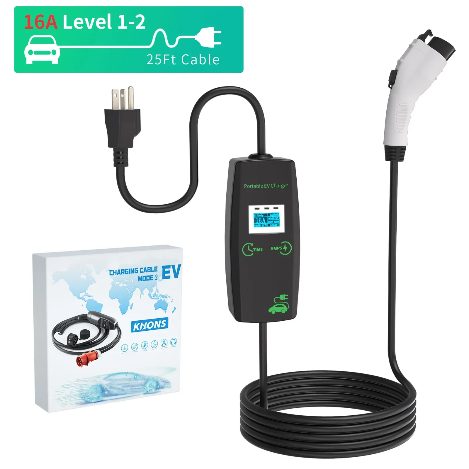 Khons 32A EV Charger 3.5kw 7KW with adjustable current OEM ODM Service For Type 1 2 GB/T J1772 16A portable EVSE charger