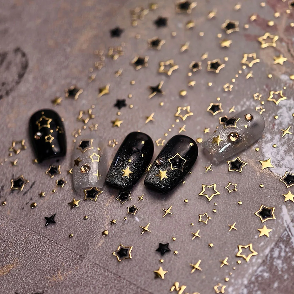 Gold Bronzing Star Nail Stickers 5D Black Stars Hollow Nail Sticker Decals Gilding Five-Pointed Parrten Design Nail Slider Decor