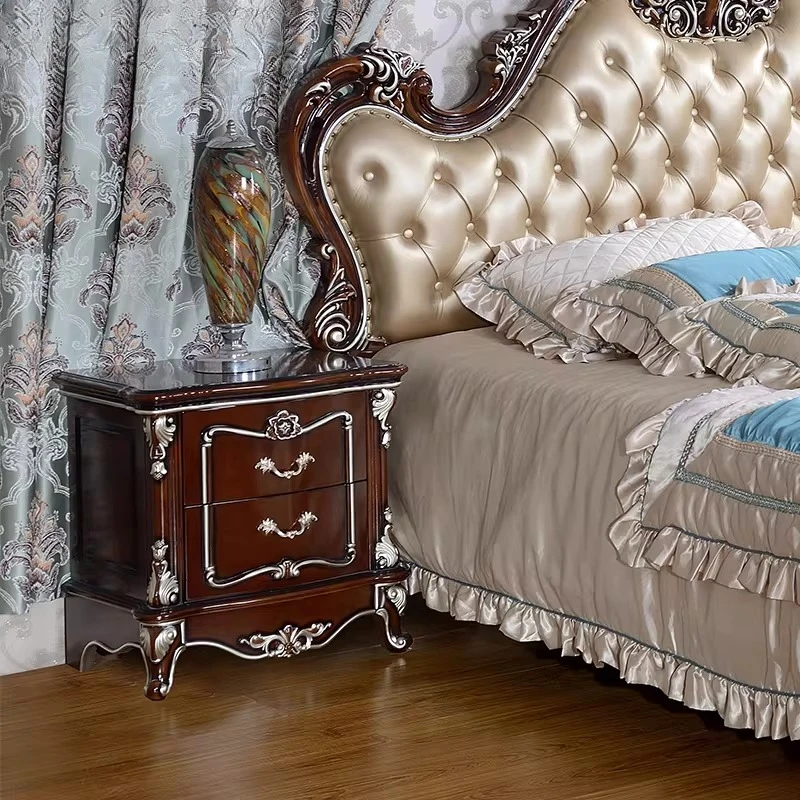 Royal Craftsman No. 1 Customized Neoclassical Bedroom Furniture Solid Wood Hand Carved Champagne Silver Bedside Locker Bedside T