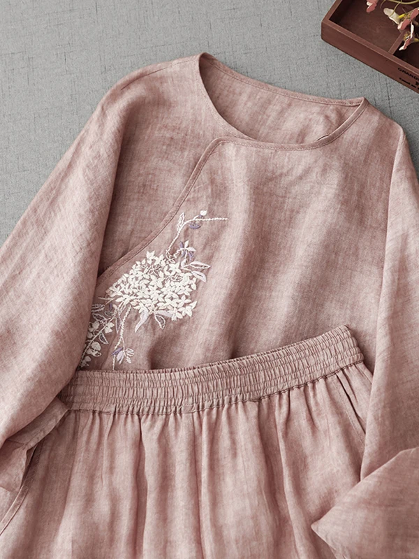 

Summer New Chinese Style Embroidered Cotton Linen Wide Leg Pants Set Women Casual Loose Fit Two Piece Set Top Bottom Ensemble