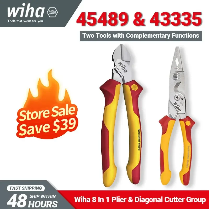 Wiha Tool Set 45489 8-in-1 Multifunctional Electrician Plier and 43335 Diagonal Pliers 1000V VDE Insulated  Diagonal Cutter