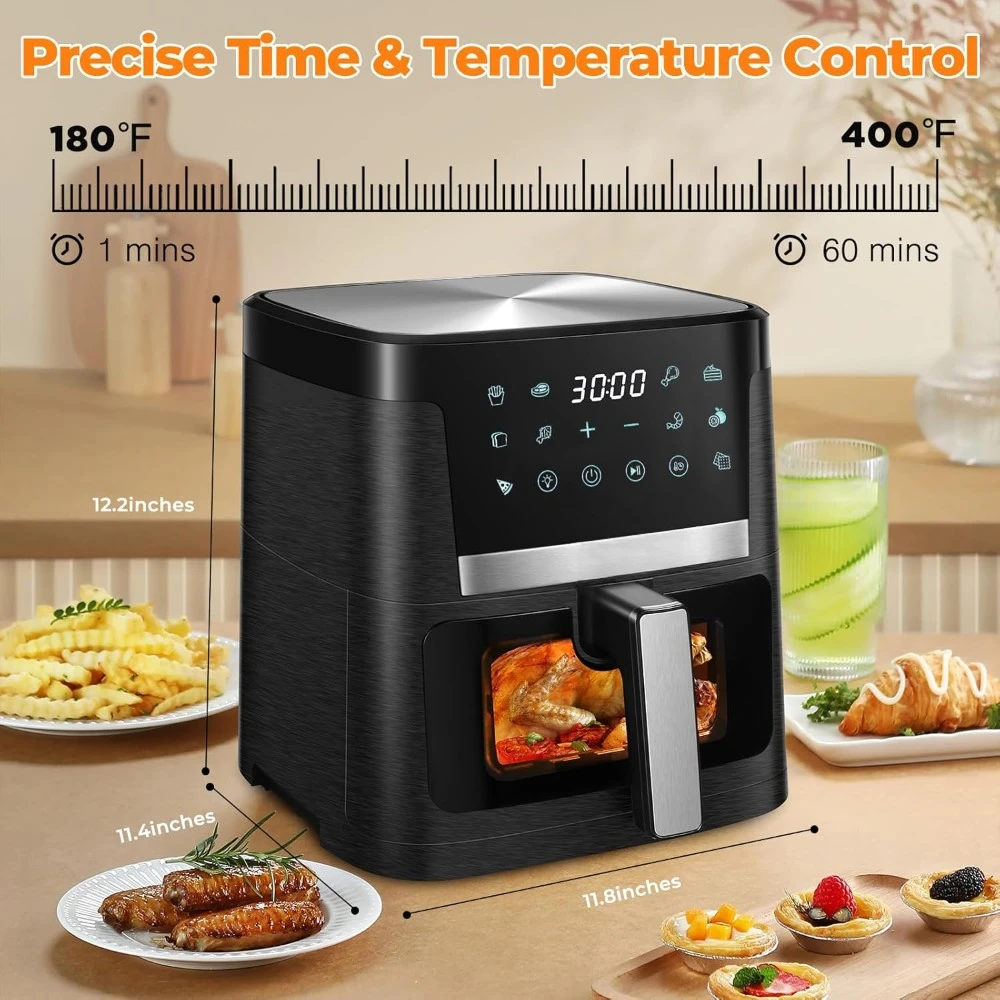 Grande Capacidade Oilless Oven Air Fryer, Air Fryer com 12 Presets, Visível Janela de Cozinha, LCD Touch Screen, 1700W, 7.5 QT