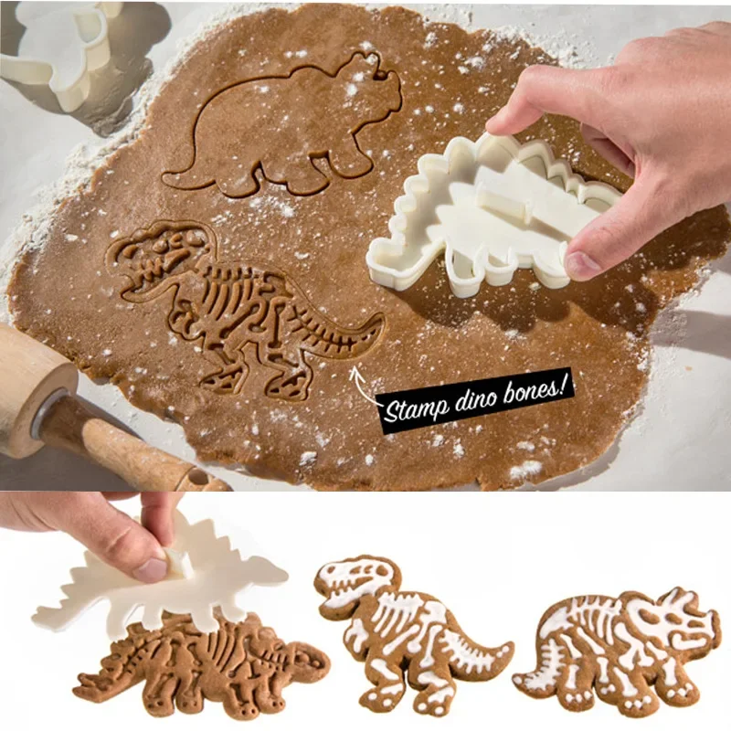 3Pcs Dinosaur Cookie Cutters Mold 3D Fondant Biscuit Embossing Mould DIY Baking Tools Kids Jungle Birthday Party Cake Decoration