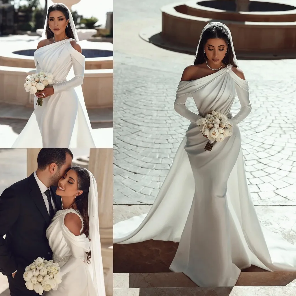 Graceful Mermaid Wedding Dresses Long Sleeves Bridal Gowns With Detachable Train Pleated One Shoulder Neckline Satin Vestido