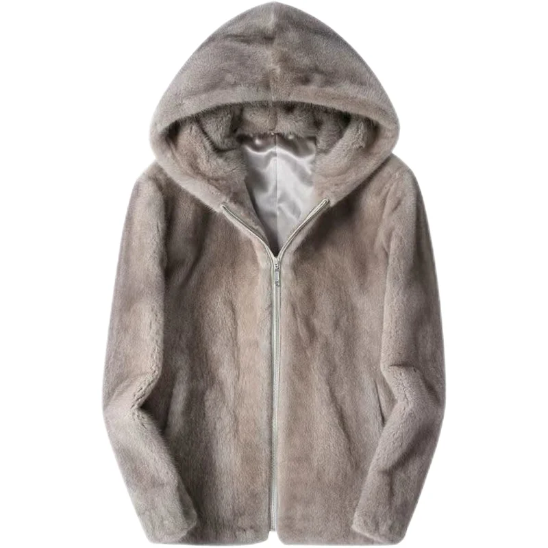 New Mink Hair Velvet Men 2023 Fur Coat Complete Mink Grass Overcoat Male Plus Size Hooded Jacket Handsome Fashion Casual Clothes