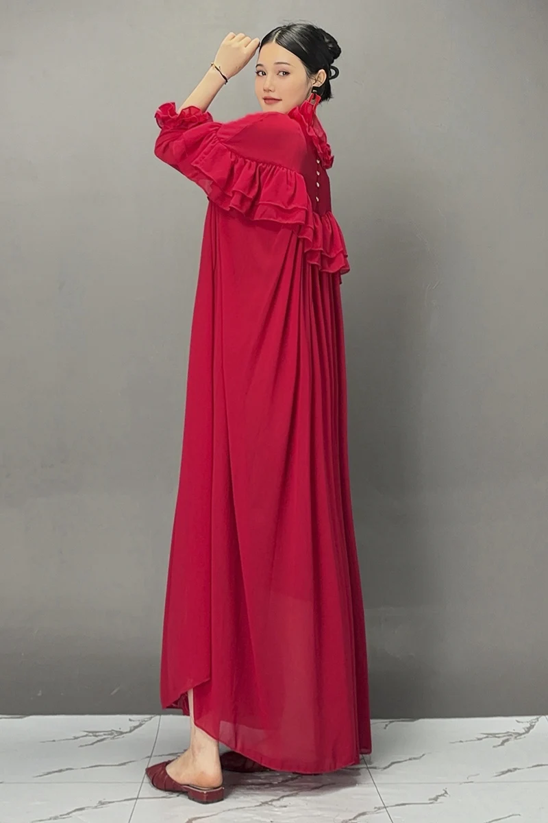 2024 Autumn New Elegant Red Folds Loose Long Dresses Women Casual Long Sleeve Dress Female Wholesale J378