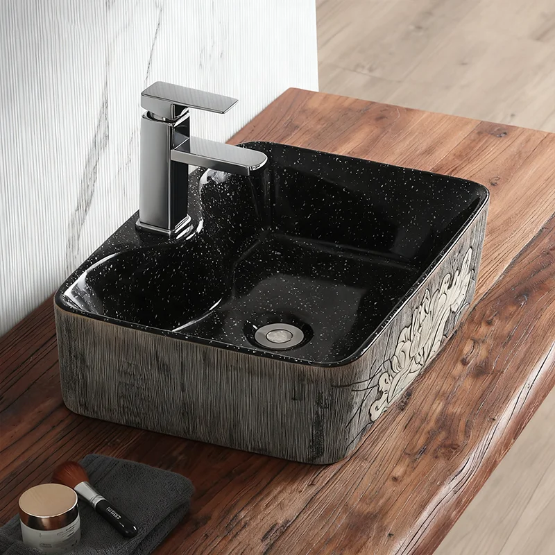 

Elegant Ceramic Vessel Sink, Rectangular Ceramic Wash Basin with Patterned Design - Ideal for Modern Bathroom Fixtures, Suitable for Dressing Rooms, Vanities, and Bathrooms