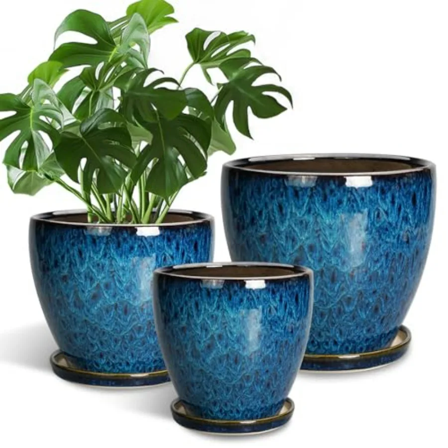 

Indoor plant pots, ceramic planters with drainage holes and saucers, 10+8+6 inch, set of 3 round large flower pots for indoor/o