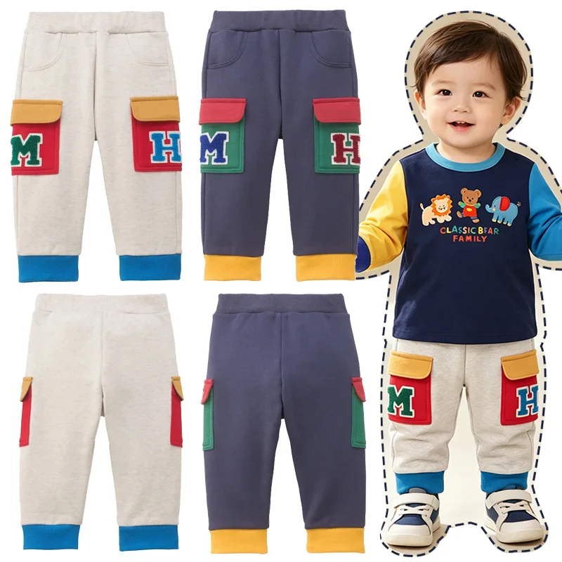 New cartoon pocket letter-embroidered sweatpants for children Japanese-style simple workwear pants and long pants