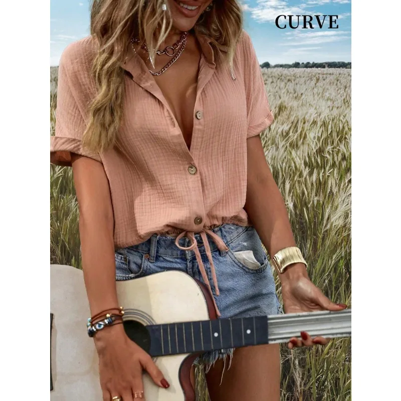 

Плюс размер 1XL-5XL, женская повседневная однотонная блузка на пуговицах, рубашка, женская модная рубашка на шнуровке с короткими рукавами