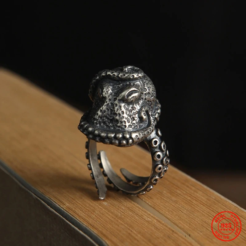 

YIZIZAI 100% 925 Sterling Silver Sea Animal Octopus Rings Street Hip Hop Punk Biker Rings For Men and Women Dark Jewelry Gifts