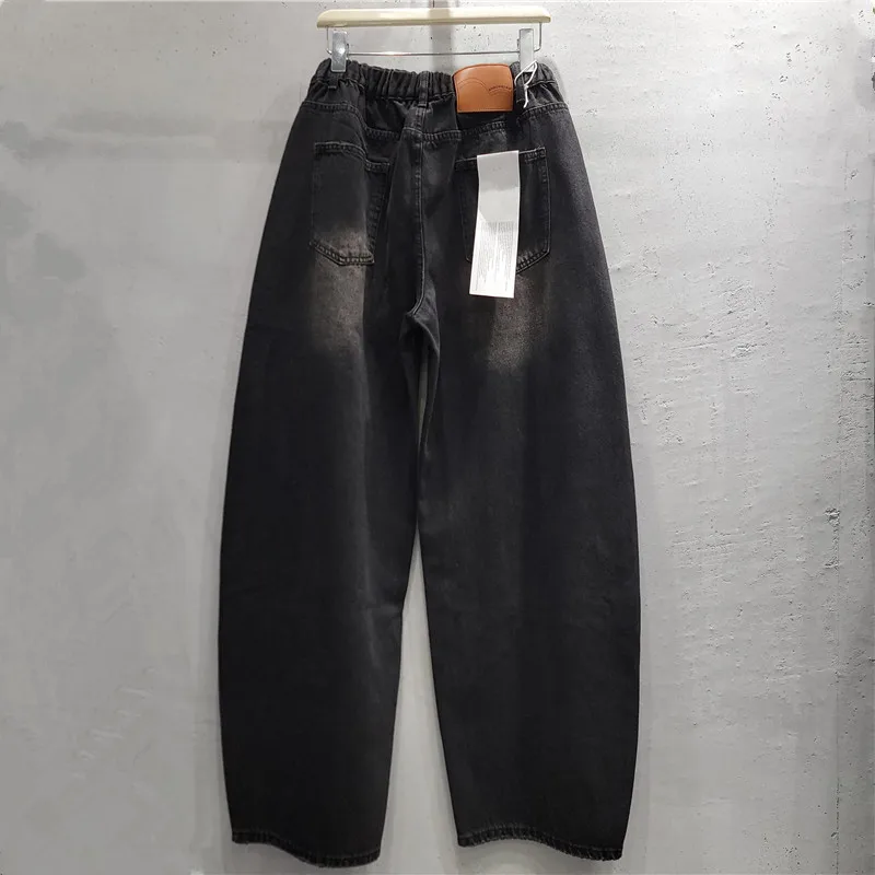 Black Gray Loose Female Denim Trousers 2026 New Autumn Vintage Golden Buckle All-match Elastic Waist Casual Wide Leg Women Jeans