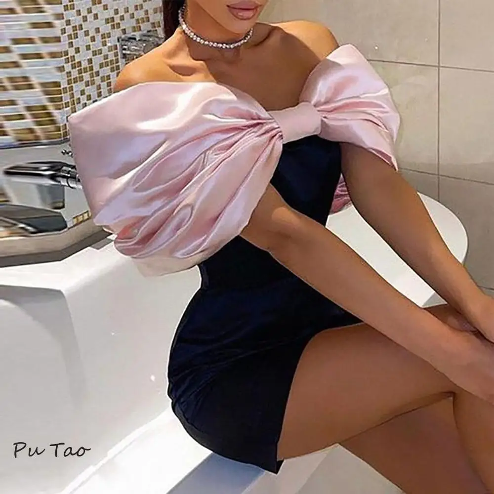 

PuTao Bow Off Shoulder Short Cocktail Dresses For Women Black Pink Mini Party Dress Simple Sweety Boat Neck Evening Party Dress