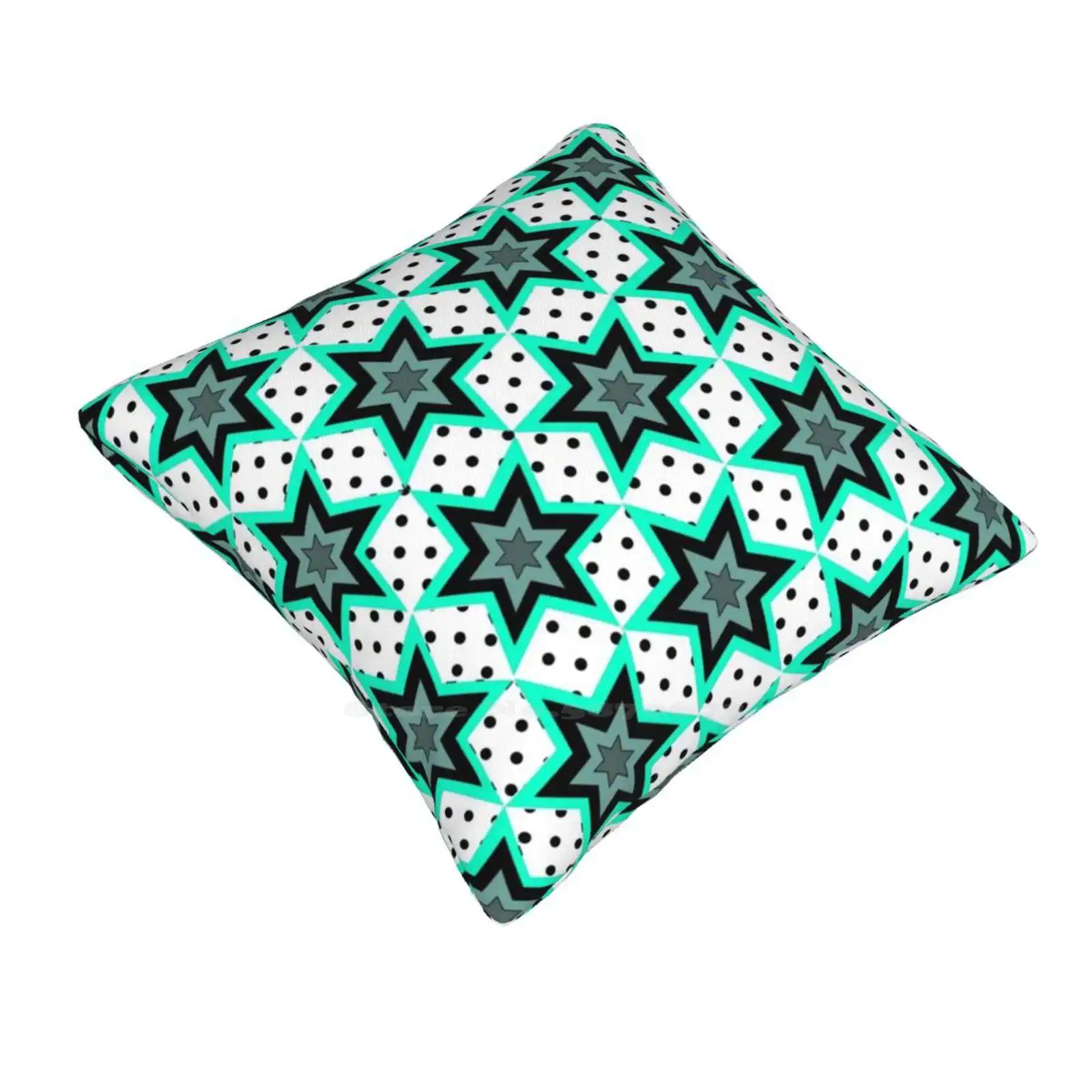 Modern Print With Stars Soft Comfortable Pillowcase 6 Pointed Stars Aqua Color Black Color Aqua Range Points Black Spots Stars