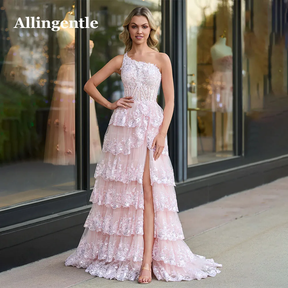 Allingentle Sparkly Tiered Tulle Prom Dresses One Shoulder Long Evening Gowns with Slit A-line Formal Party Dresses Customized