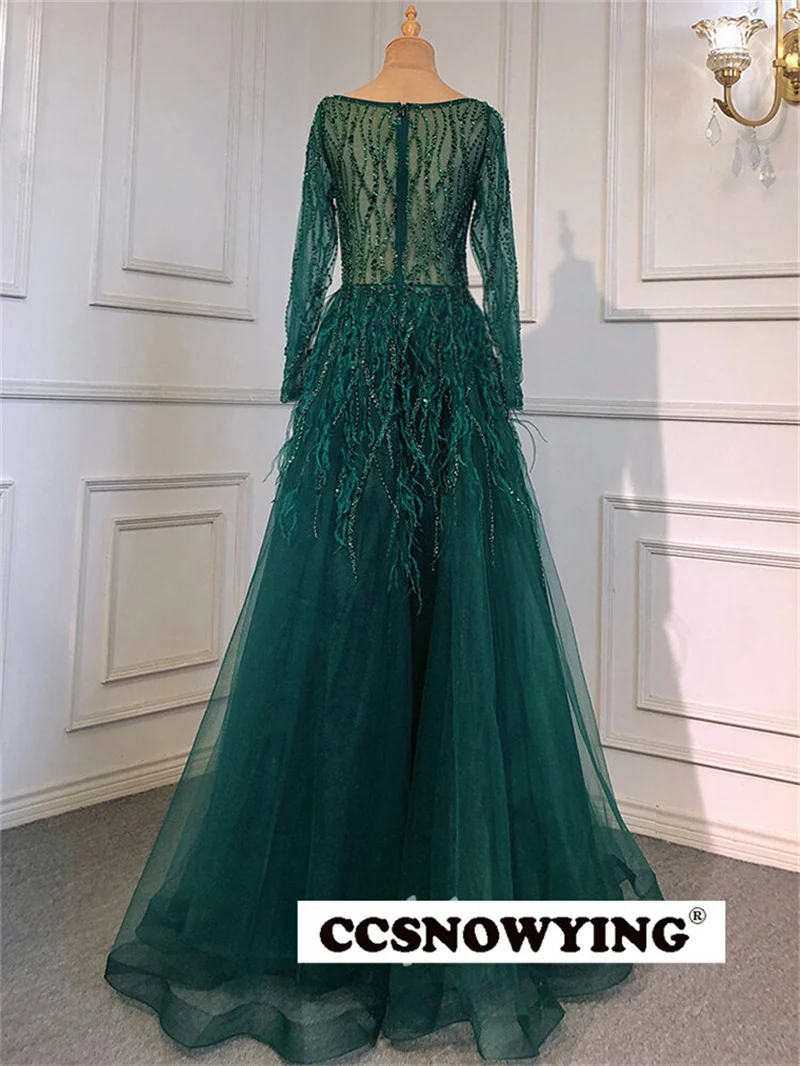 Luxury Tulle Appliques Beaded Feather Evening Dresses Long Sleeve Women Formal Party Gowns Arabic Kaftan Robes De Soirée